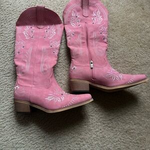Pink Embroidered Over the Knee Boots